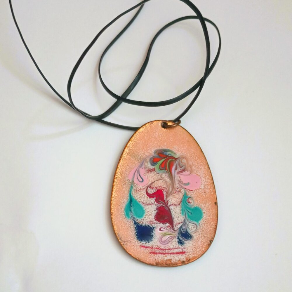Handmade Enamel Copper Pendant Necklace 28" Vtg Floral Double Sided Teardrop